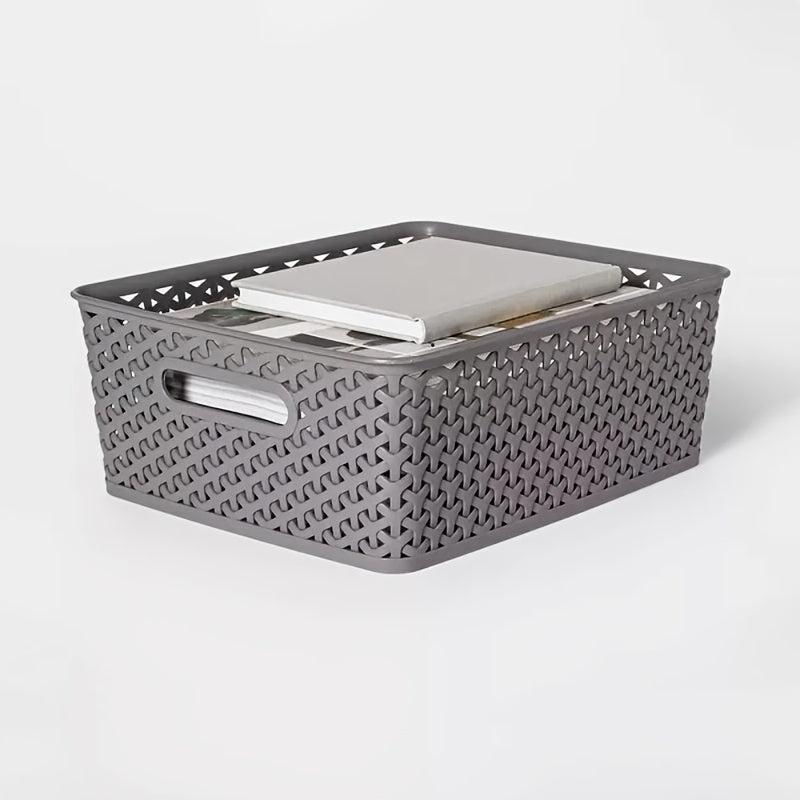 1pc Y-Weave PE Storage Basket - Lightweight, Square Organizer for Closet, Bedroom, Home, Dorm - Space-Saving Clothes and Blanket Container with Handles
